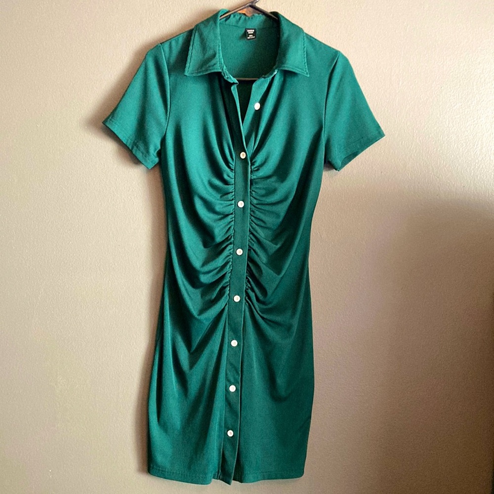 SHEIN Dress, Green, scrunch button up short sleeve 0 XL